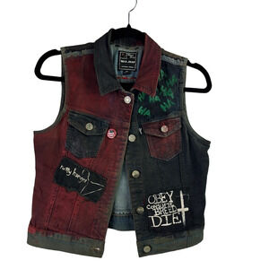 Upcycled Wax Jean Denim Vest with Patches size small